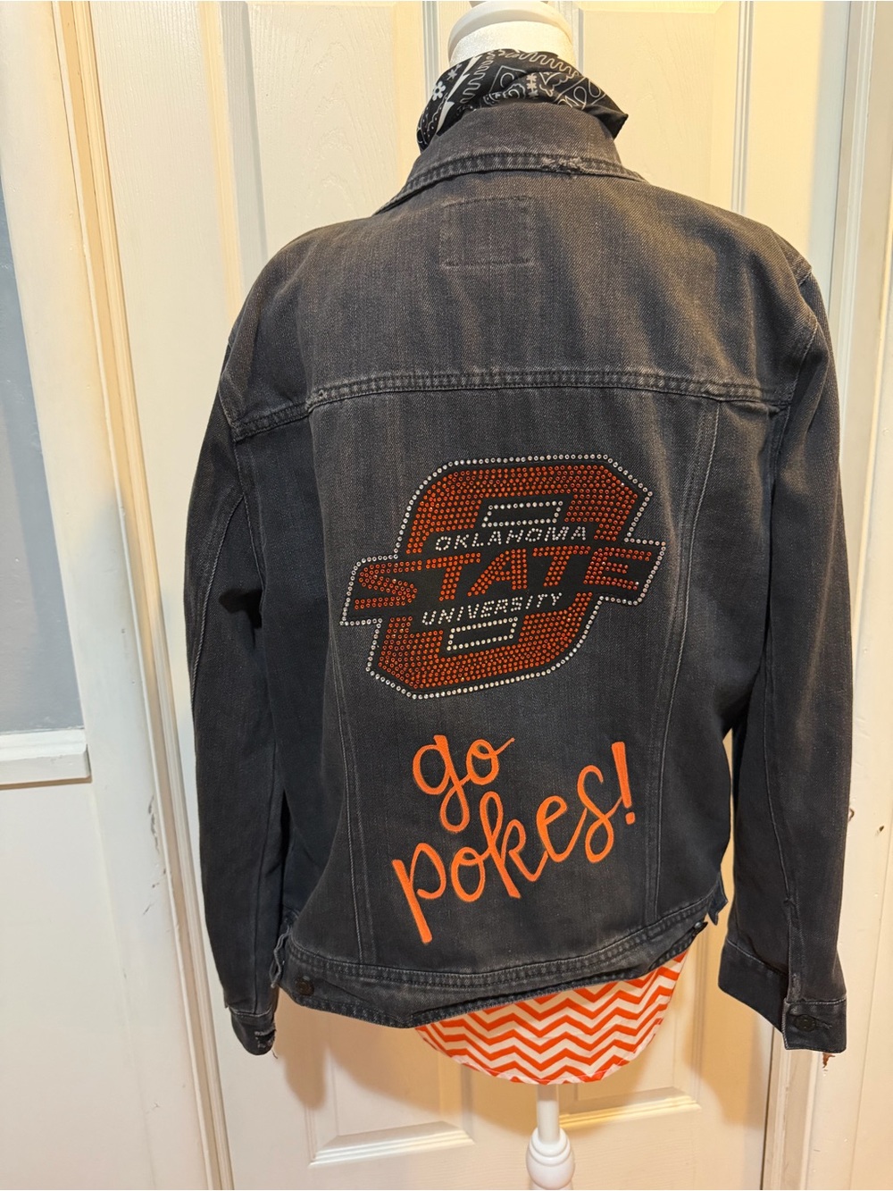 Oklahoma State University OSU upcycled black Denim Jacket blinged out back XL